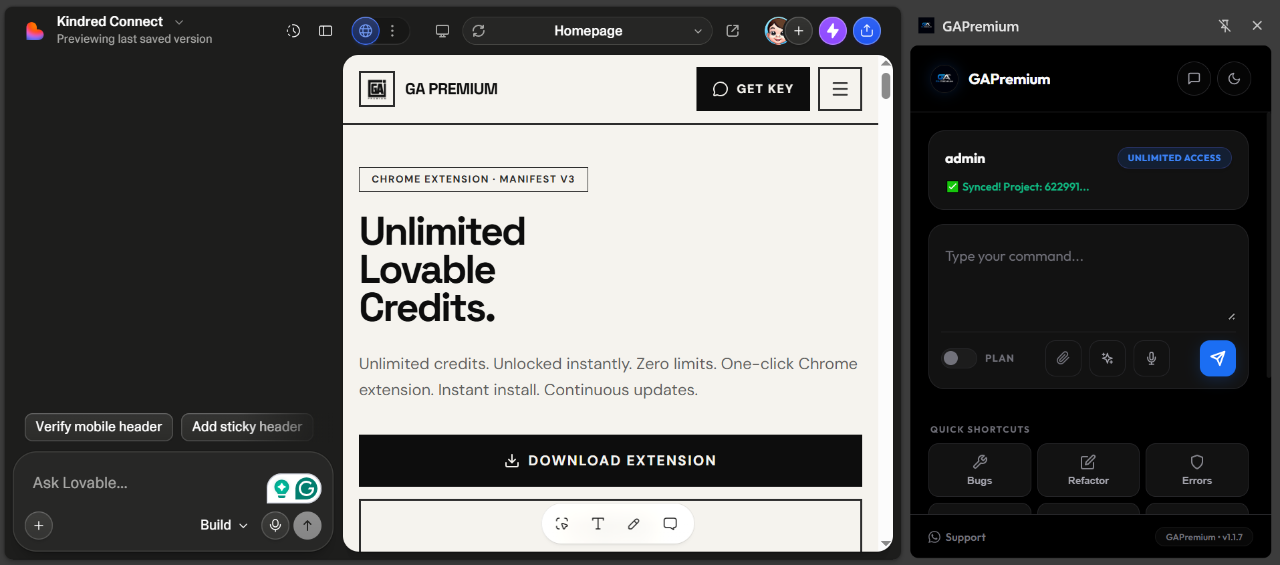 GAPremium extension side panel synced with a Lovable project